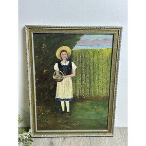 Original Folk Primitive Painting European Girl In Garden Framed & Signed 1958